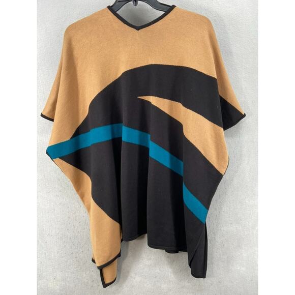 Chicos Poncho Cape Wrap Sz Small / Medium Sweater Tan Black Knit Striped Flowy - Picture 9 of 10